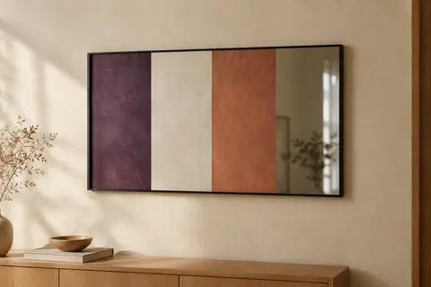 Miroir verrière à quatre bandes en métal noir accroché horizontalement sur un mur crème