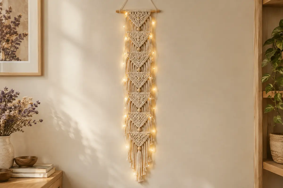 Tenture murale beige en macramé à sept triangles, perles en bois et guirlande LED blanc chaud.