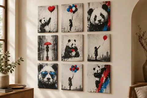 Neuf impressions sur toile street art non encadrées, avec motifs graphiques et accents rouges et bleus