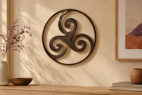 Sculpture murale en métal au motif Triskel, présentée sur un mur clair avec ses ombres portées.