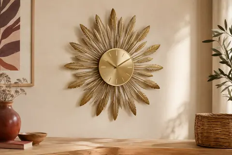Horloge murale en métal doré avec plumes rayonnantes et cadran analogique, présentée sur un mur crème.