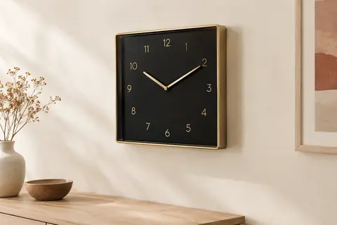 Horloge murale rectangulaire à cadran noir et structure métallique dorée, accrochée sur un mur crème.