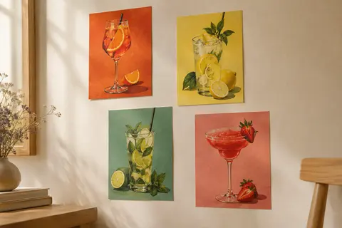 Quatre affiches cocktail rétro A4 aux illustrations colorées, présentées sur un mur crème.