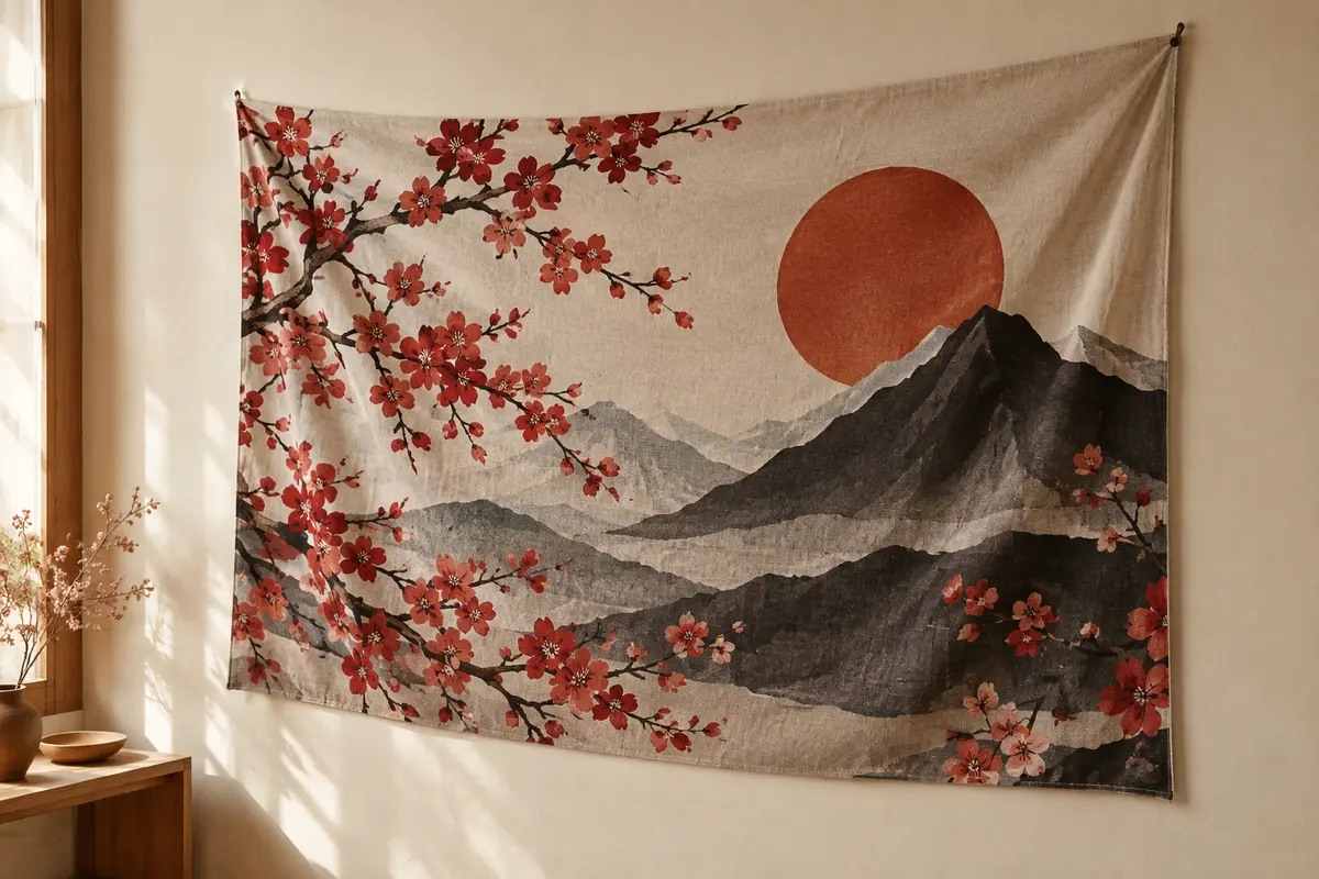 Tenture murale japonaise en polyester avec fleurs de cerisier rouges, soleil et montagnes grises et noires