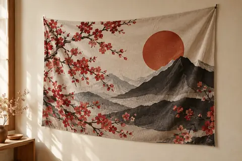 Tenture murale japonaise en polyester avec fleurs de cerisier rouges, soleil et montagnes grises et noires