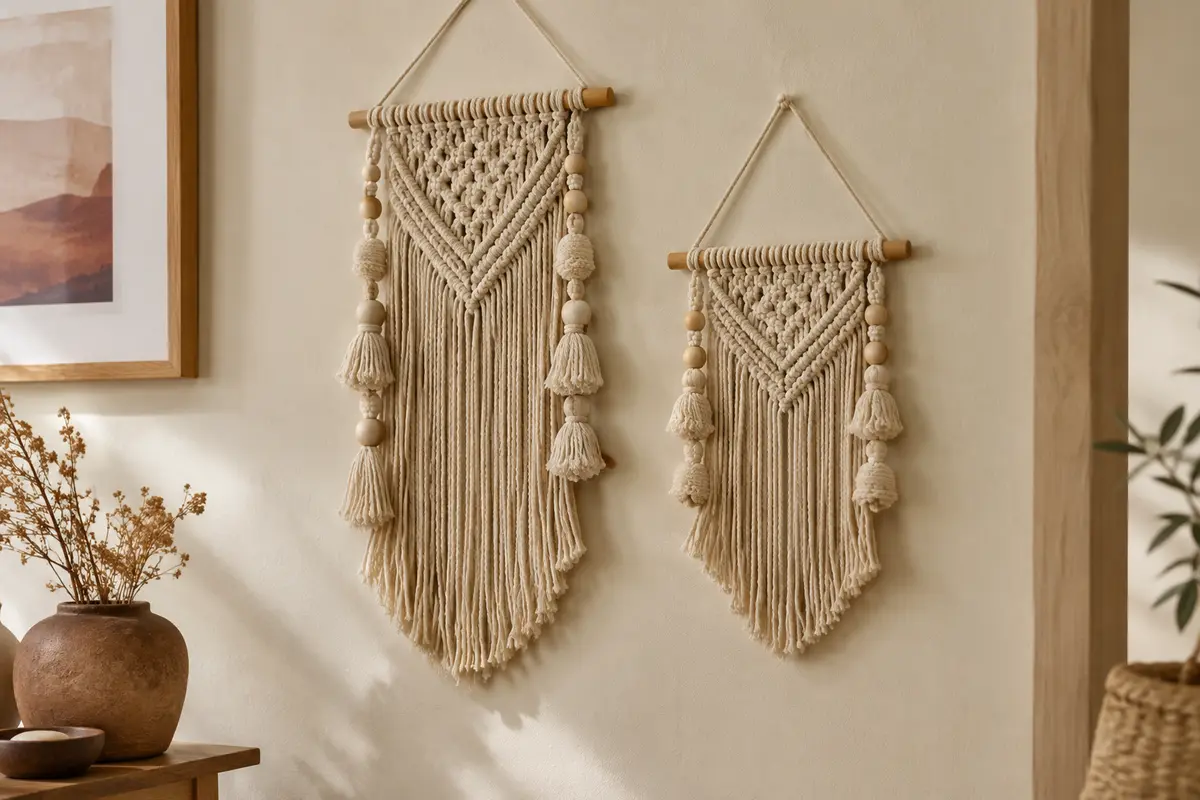 Deux petites tentures murales en macramé beige avec franges et chevilles en bois sur un mur crème