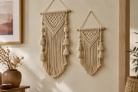 Deux petites tentures murales en macramé beige avec franges et chevilles en bois sur un mur crème