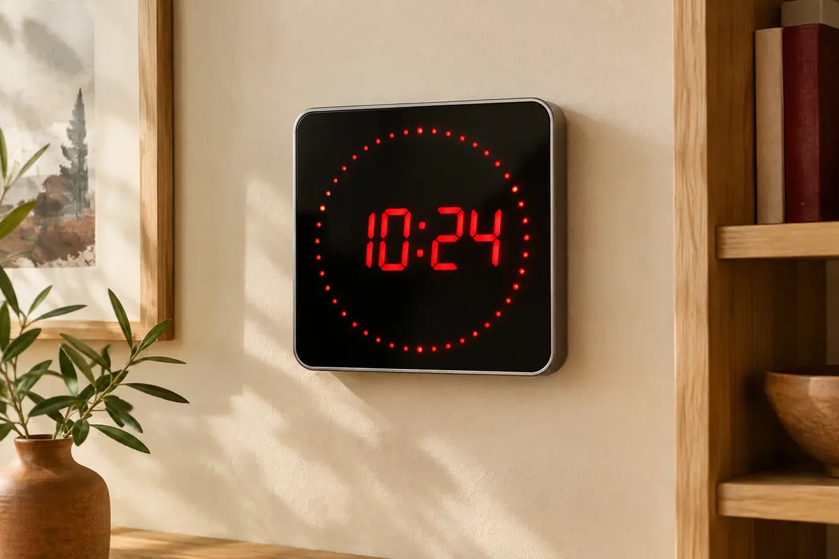 Horloge murale carrée avec grands chiffres LED rouges et couronne lumineuse pour les secondes