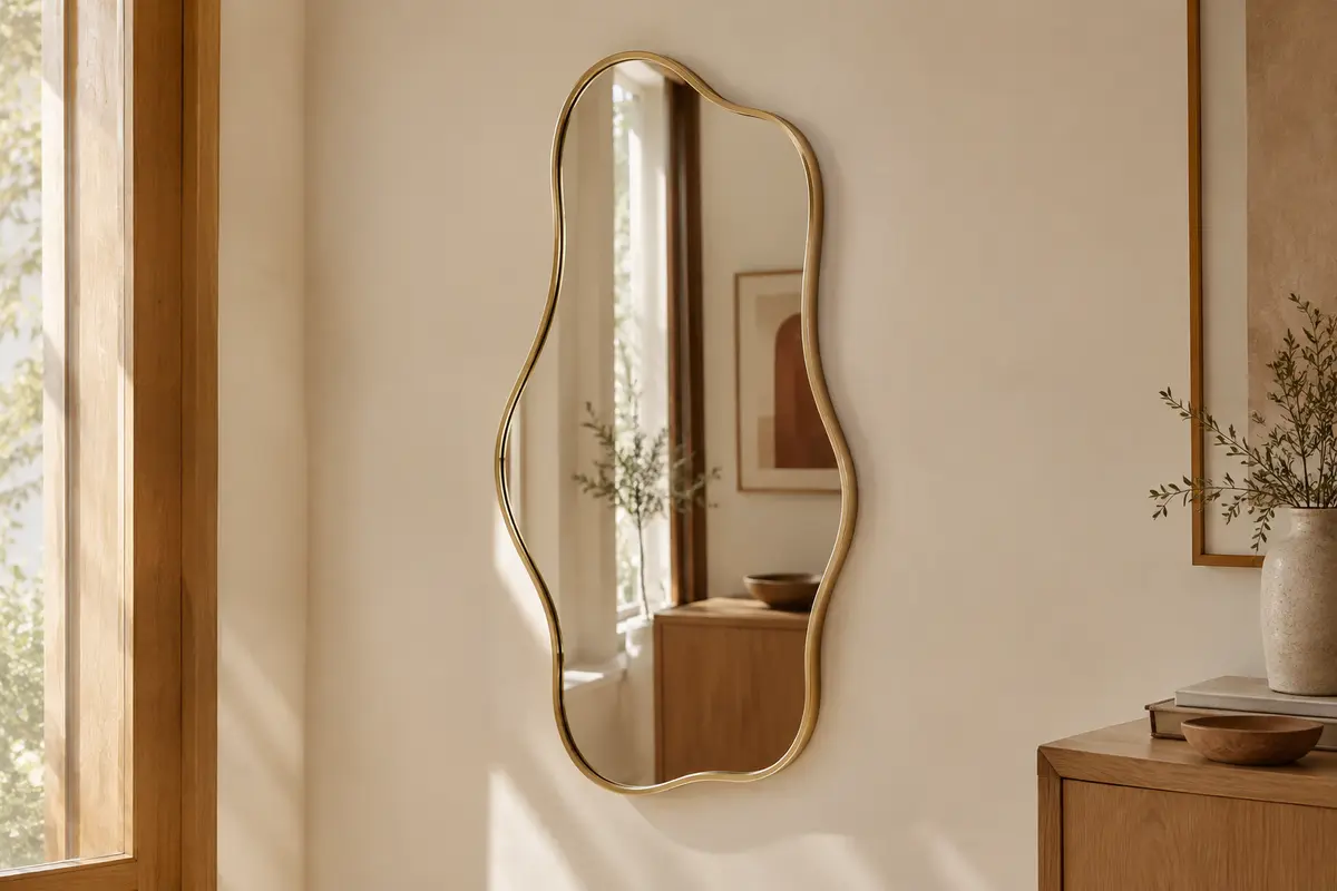 Miroir mural asymétrique au cadre doré ondulé, suspendu sur un mur crème dans une pièce lumineuse.