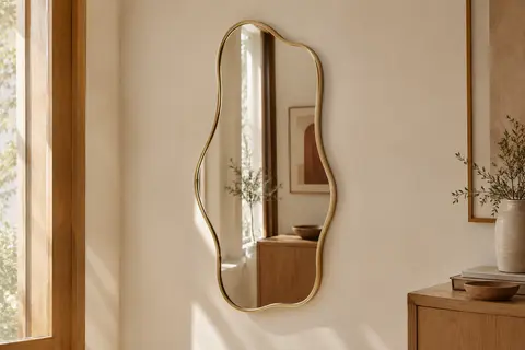 Miroir mural asymétrique au cadre doré ondulé, suspendu sur un mur crème dans une pièce lumineuse.