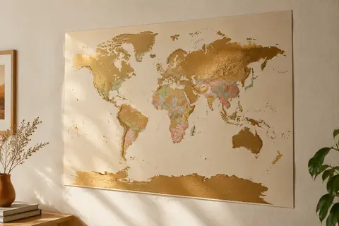 Carte du monde à gratter en français, avec revêtement doré et détails cartographiques, sur un mur crème.