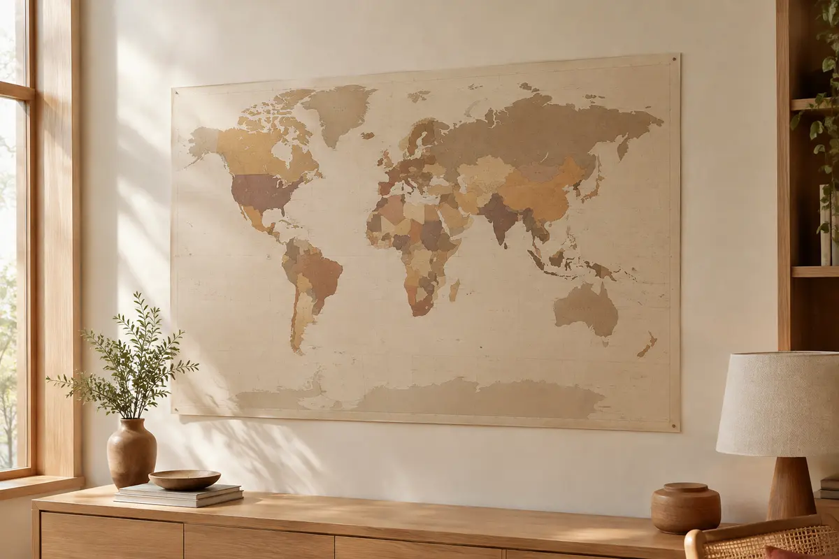 Carte du monde géante laminée aux tons neutres, présentée sur un mur crème dans un décor épuré.