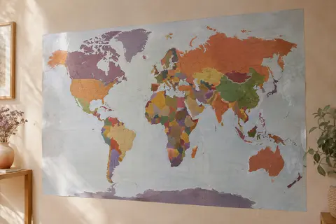 Grande carte du monde politique aux pays multicolores, présentée sur un mur crème dans une pièce lumineuse.