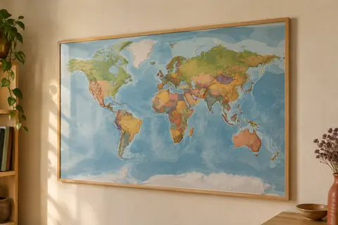 Carte du monde politique plastifiée, pays aux teintes classiques et reliefs en dégradé, affichée sur un mur crème.