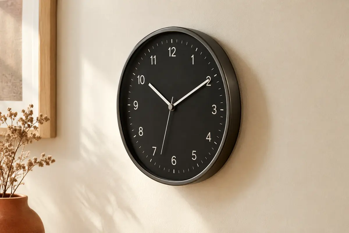 Horloge murale ronde en métal au cadran noir et chiffres arabes, présentée sur un mur crème.