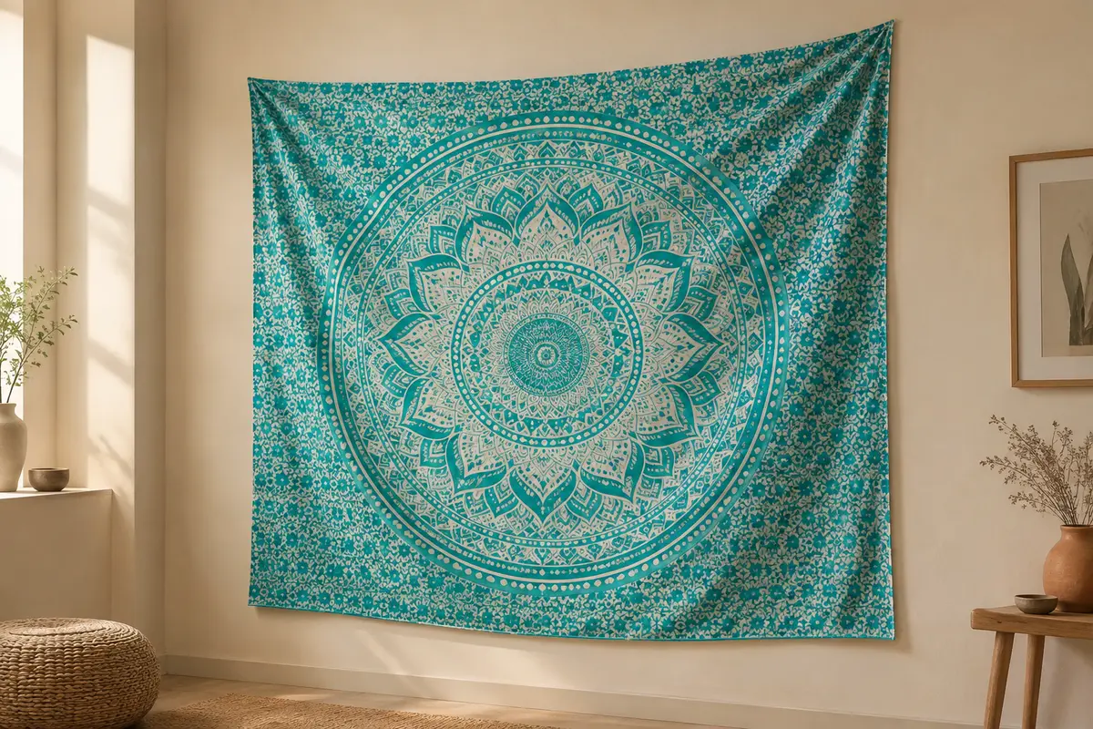 Tenture murale mandala blanc et turquoise déployée sur un mur crème, dans une lumière naturelle douce.