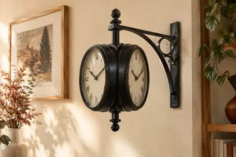 Horloge murale double face en métal noir, montée sur un mur crème dans un décor aux accents vintage.