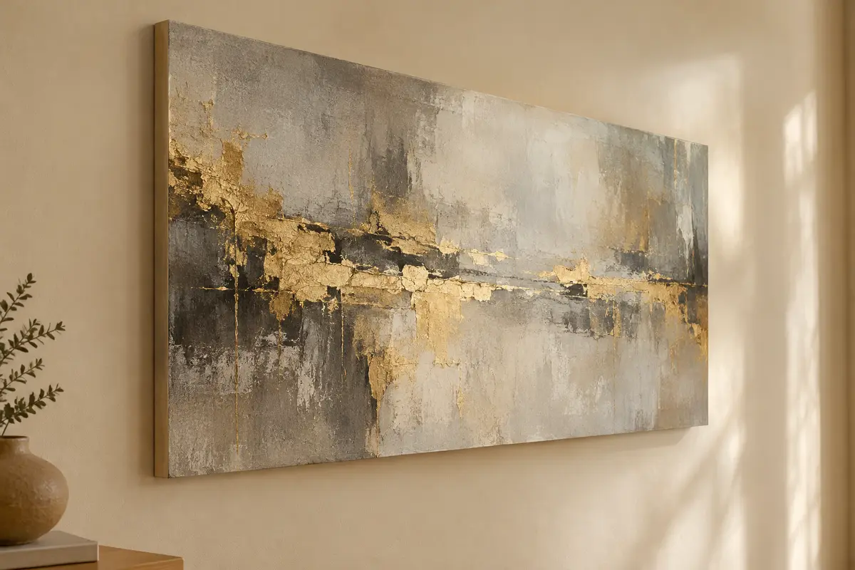 Tableau abstrait gris et or sur toile tendue, au format paysage, fixé sur un mur crème