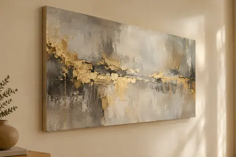 Tableau abstrait gris et or sur toile tendue, au format paysage, fixé sur un mur crème