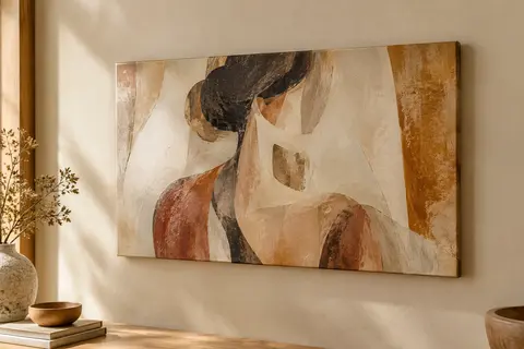 Toile horizontale au portrait féminin abstrait beige, tendue sur un châssis en bois