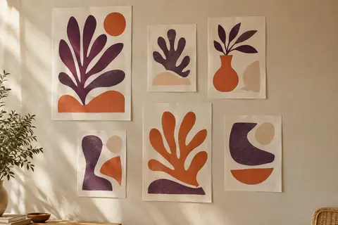 Six affiches abstraites inspirées de Matisse, en formats A3 et A4, présentées sans cadre sur un mur crème.