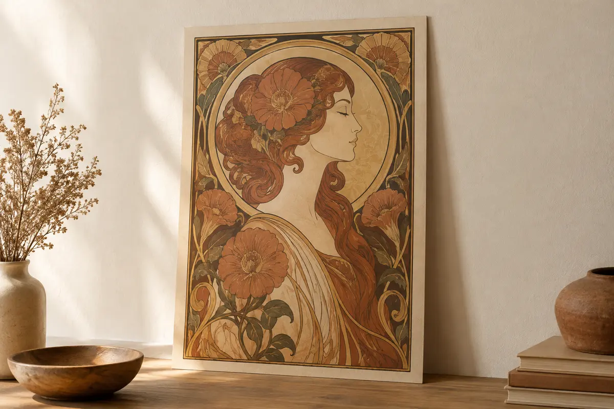 Affiche d’art Art nouveau d’Alphonse Mucha, au format 30 × 40 cm, présentée sans cadre sur un mur crème.