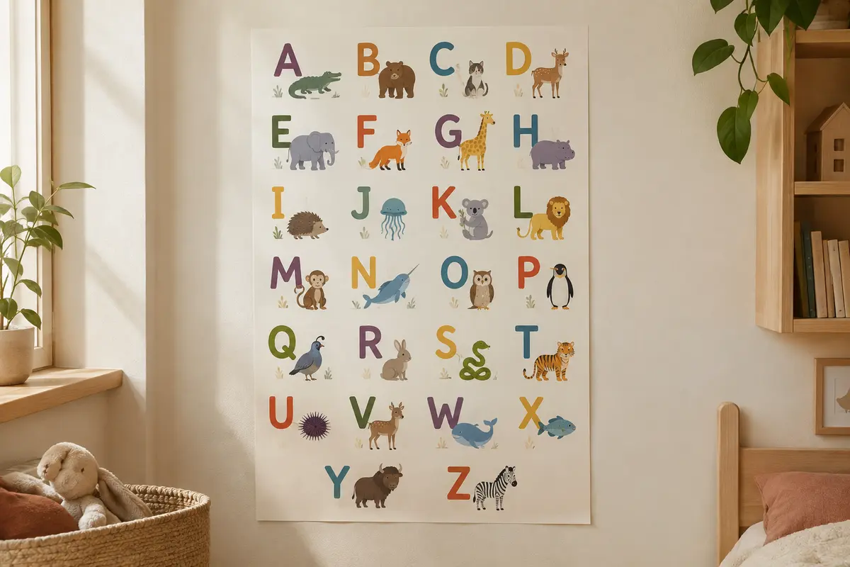 Affiche verticale de l’alphabet français illustrée d’animaux, présentée sans cadre sur un mur crème.