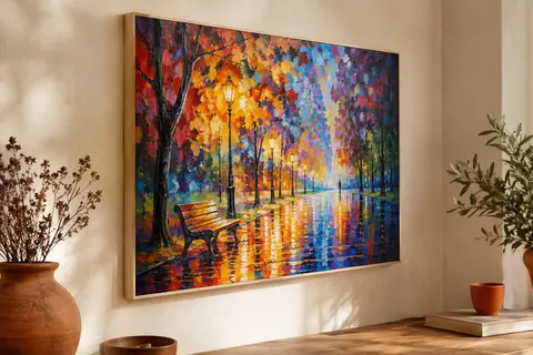 Tableau abstrait coloré de Leonid Afremov sur toile, monté sur un cadre en pin et présenté sur un mur crème.