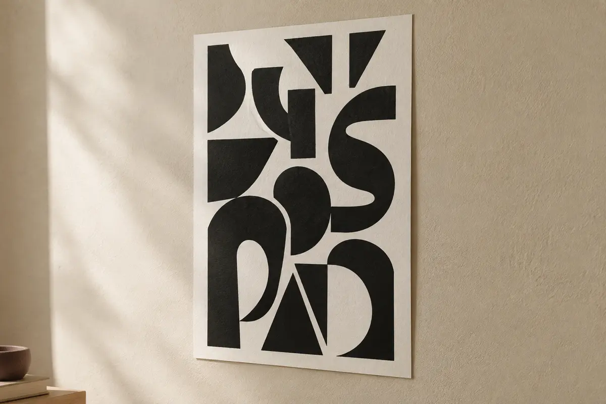 Affiche typographique A3 noir et blanc posée contre un mur crème dans une ambiance vintage.