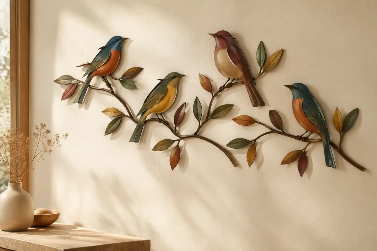 Sculpture murale en métal avec quatre oiseaux indépendants disposés sur un motif de branche