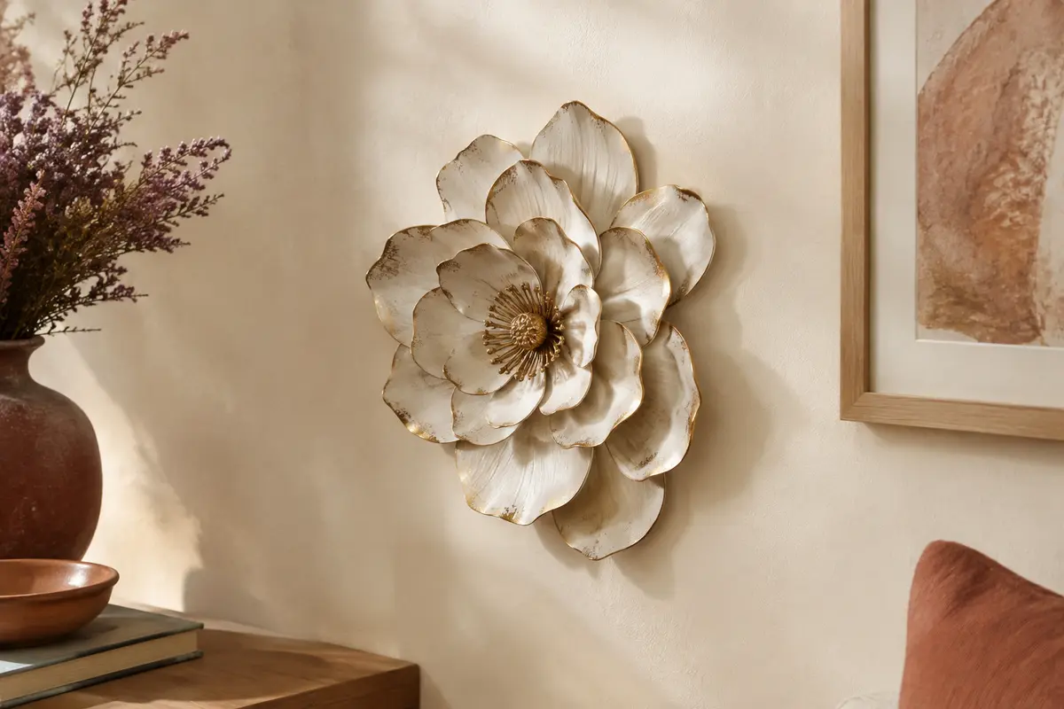 Sculpture murale en métal représentant une fleur blanche aux pétales en relief et aux détails dorés patinés.