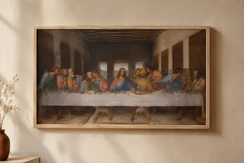 Reproduction de La Cène sur toile encadrée en bois, accrochée au mur en format paysage.