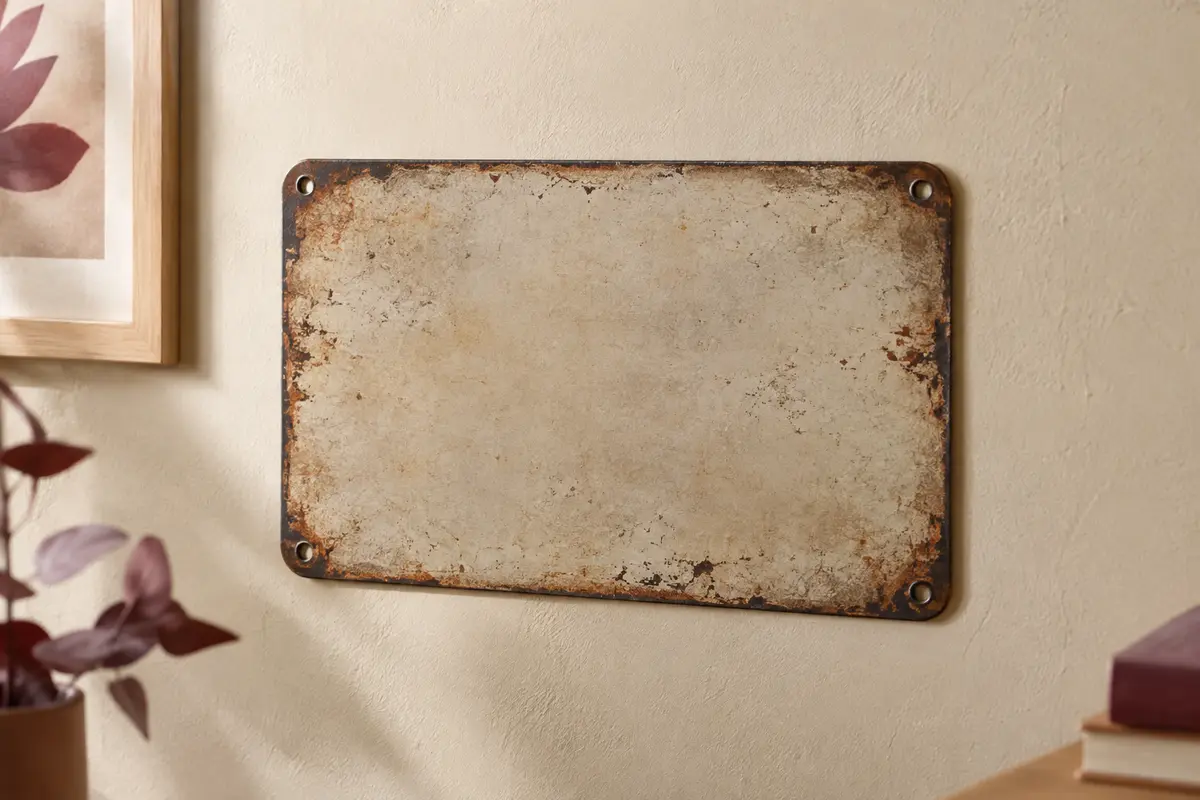 Plaque décorative en métal à l’effet vintage, aux coins arrondis, installée sur un mur crème