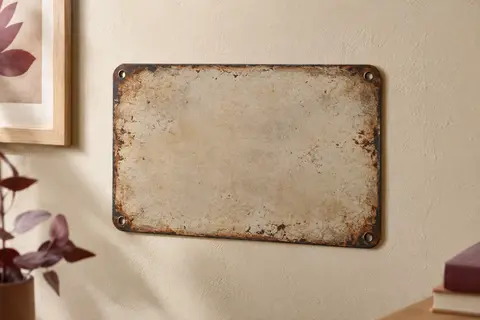 Plaque décorative en métal à l’effet vintage, aux coins arrondis, installée sur un mur crème