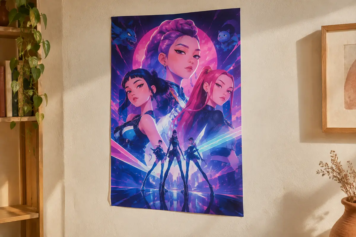 Affiche portrait K-POP Demon Hunters aux couleurs vives présentée sur un mur crème