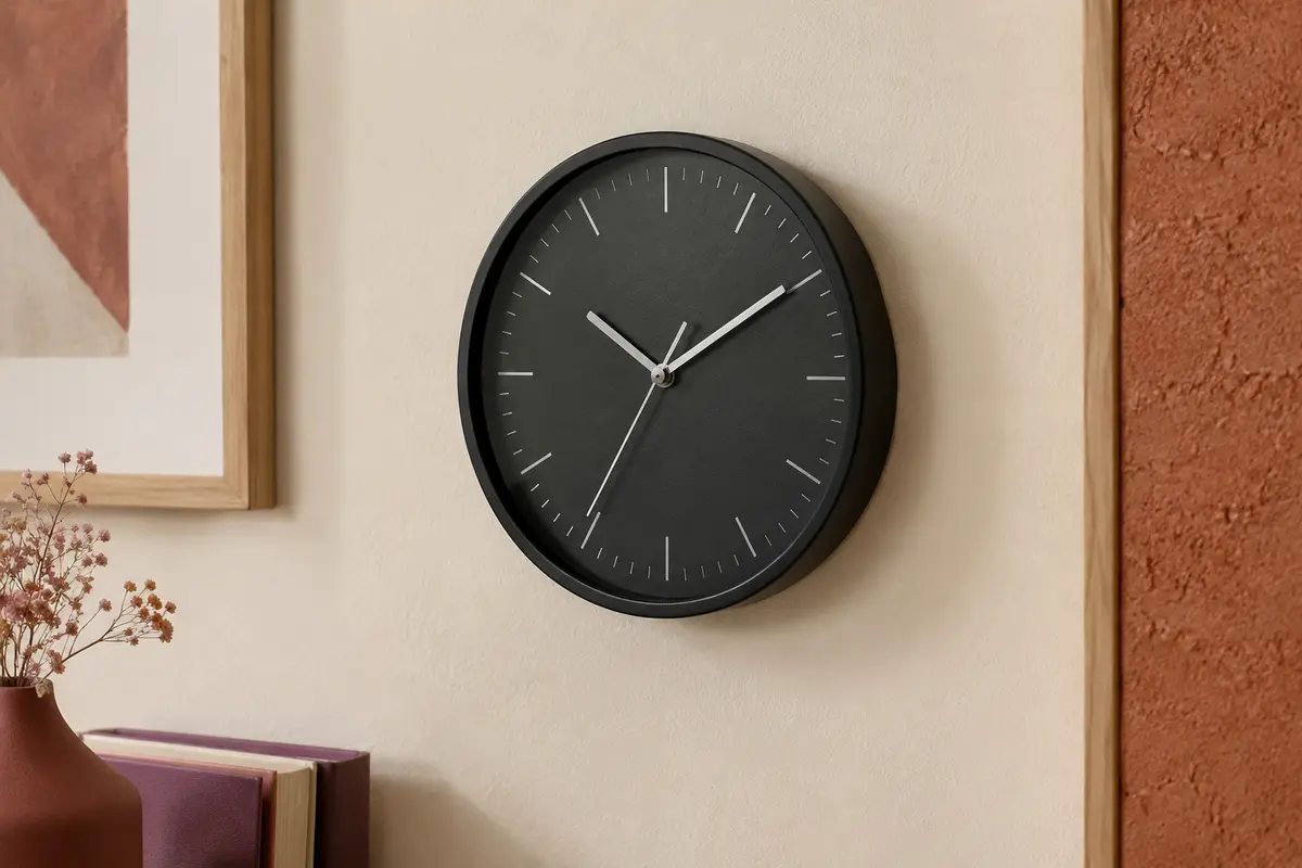 Horloge murale ronde noire avec aiguilles argentées, présentée sur un mur crème près d’un cadre en bois clair.
