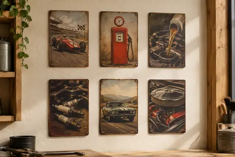 Six plaques murales en métal patiné aux motifs automobiles vintage, disposées sur un mur crème.