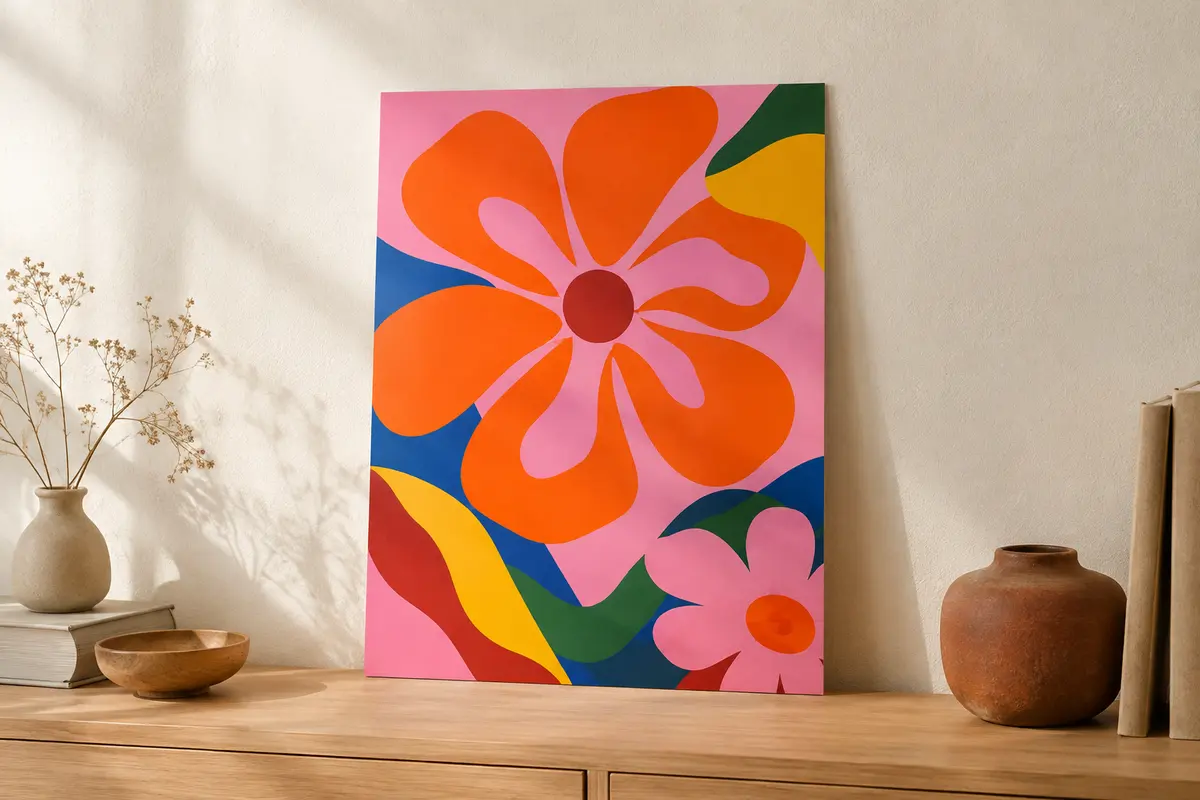 Affiche typographique rose et colorée, sans cadre, posée sur une console en bois clair devant un mur crème.