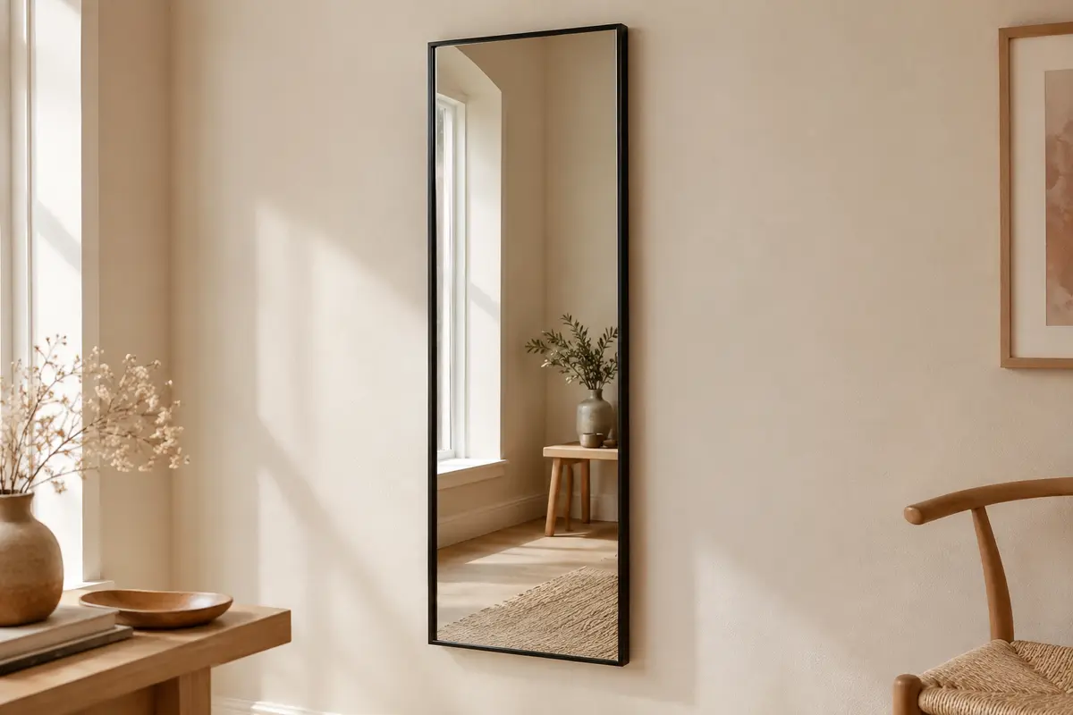 Miroir intégral rectangulaire à cadre noir suspendu sur un mur crème dans une pièce lumineuse