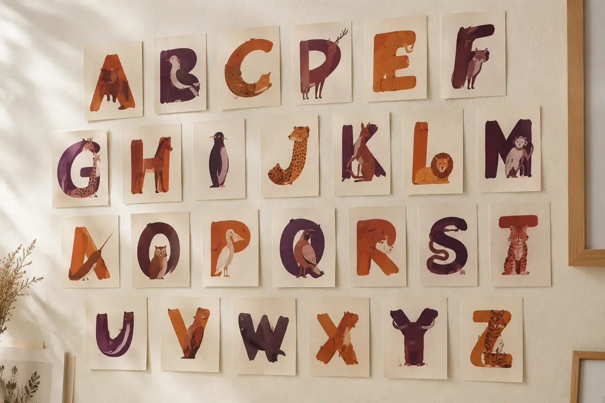 Affiches d’alphabet illustrées d’animaux disposées sur un mur crème près d’un cadre en bois clair.