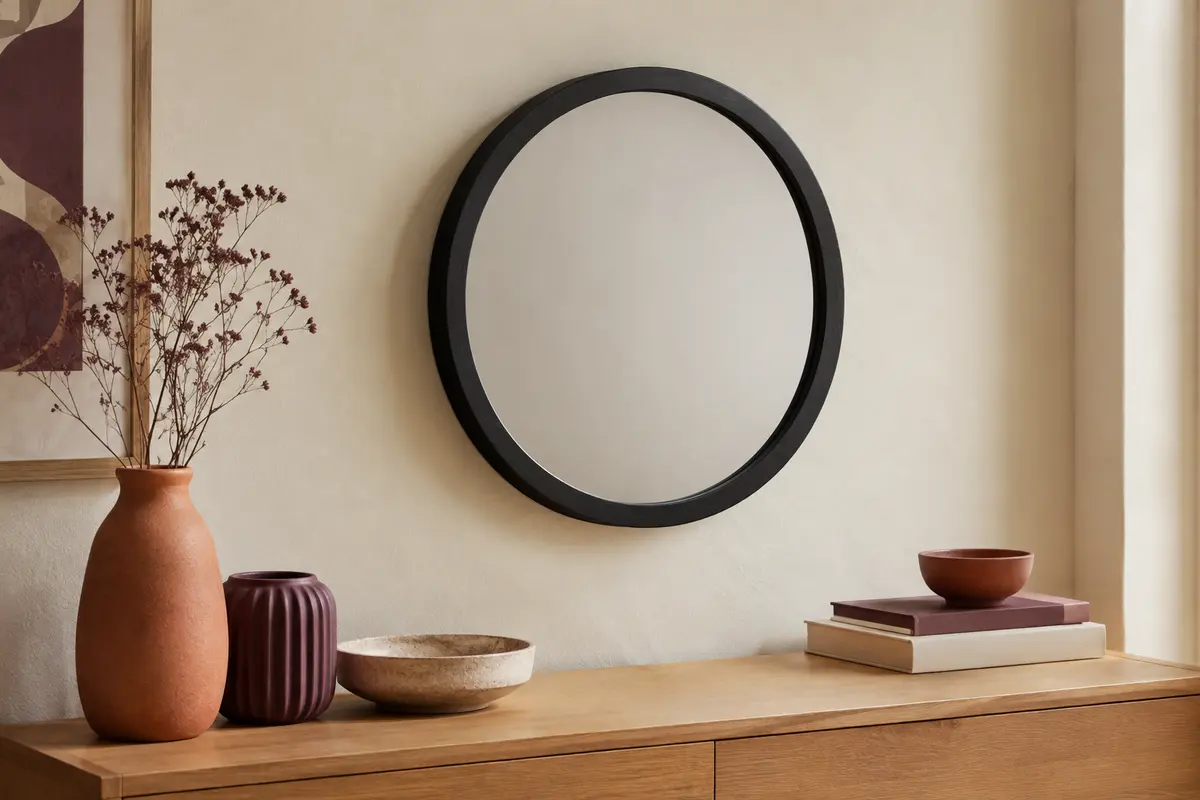 Miroir mural rond à cadre noir en pin, présenté sur un mur crème dans une lumière naturelle latérale.
