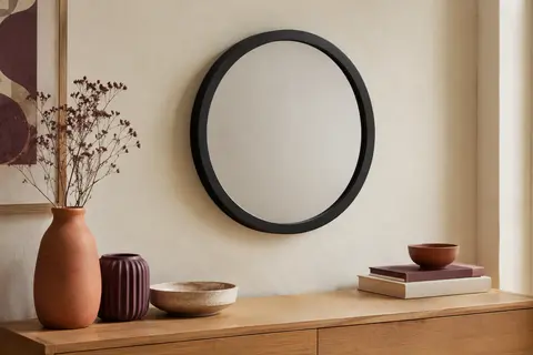 Miroir mural rond à cadre noir en pin, présenté sur un mur crème dans une lumière naturelle latérale.