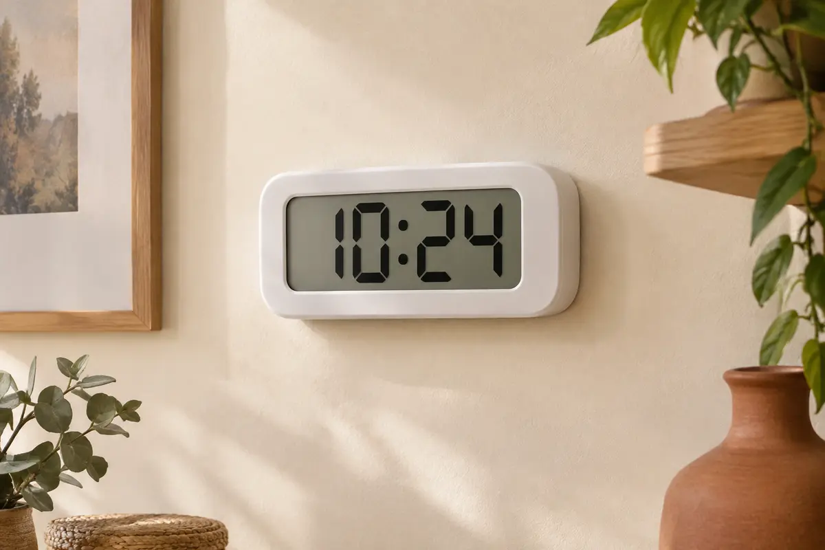 Horloge numérique murale blanche à grands chiffres, présentée sur un mur crème avec un cadre en bois clair.