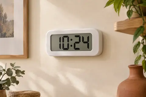 Horloge numérique murale blanche à grands chiffres, présentée sur un mur crème avec un cadre en bois clair.