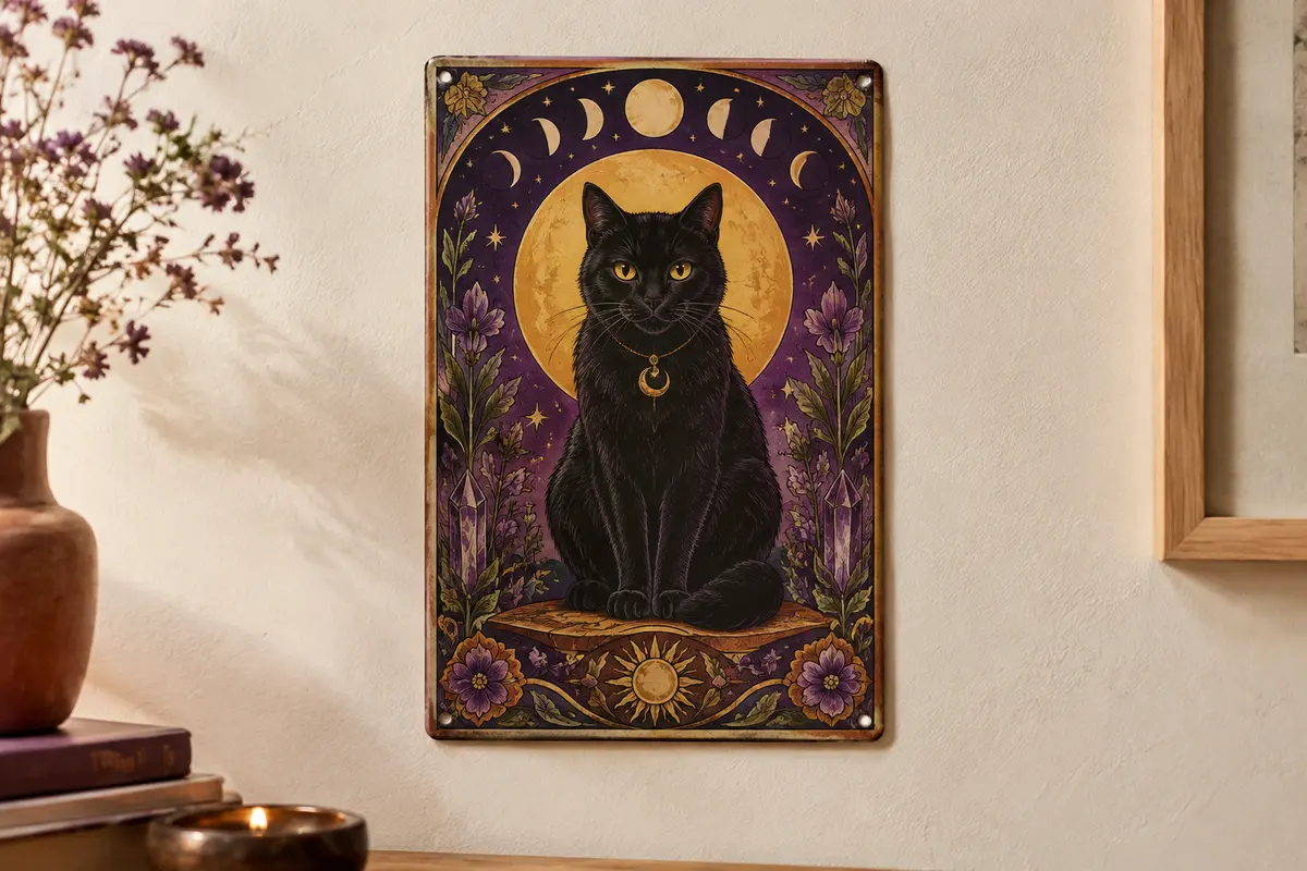 Plaque murale en fer illustrée d’un chat noir dans un motif de carte de tarot, sur un mur crème.