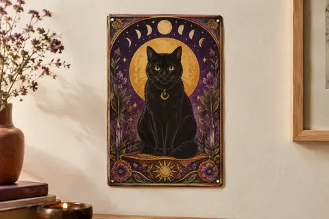 Plaque murale en fer illustrée d’un chat noir dans un motif de carte de tarot, sur un mur crème.