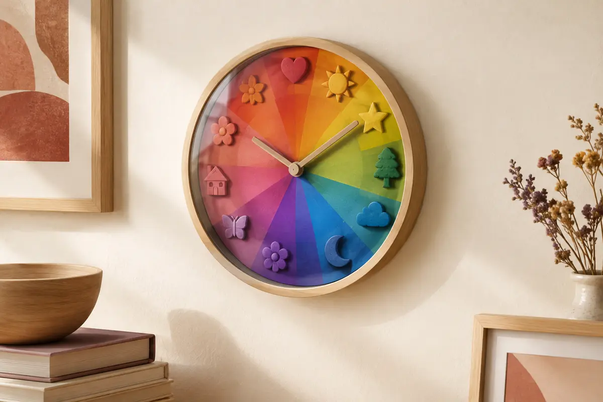 Horloge murale ronde arc-en-ciel avec figures en relief 3D et verre transparent, installée sur un mur crème.