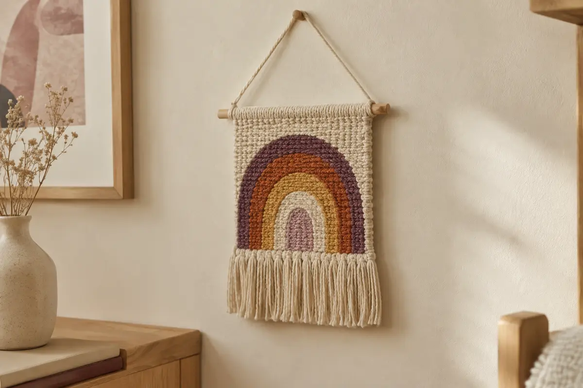 Suspension murale en coton tissé à la main, avec un motif arc-en-ciel sur un mur crème