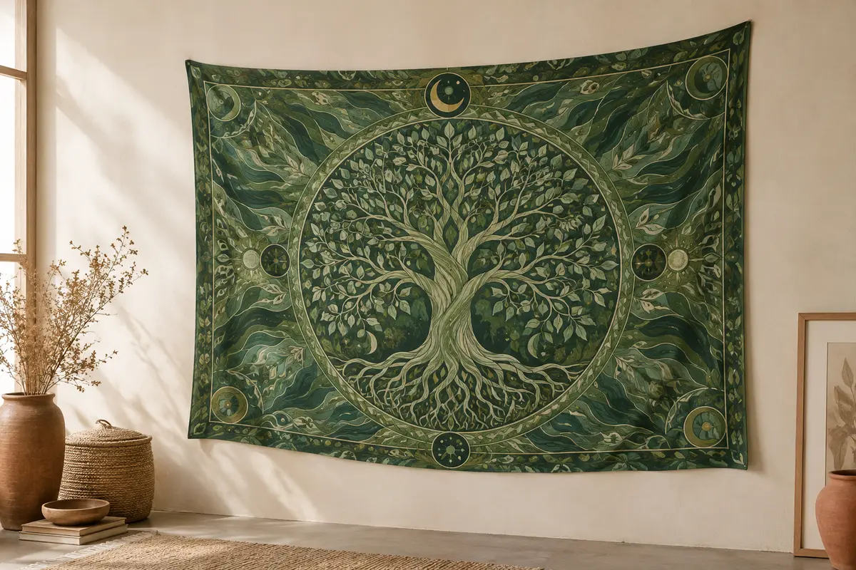 Tenture murale en coton vert à motif d’arbre de vie, suspendue sur un mur crème.