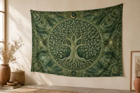 Tenture murale en coton vert à motif d’arbre de vie, suspendue sur un mur crème.